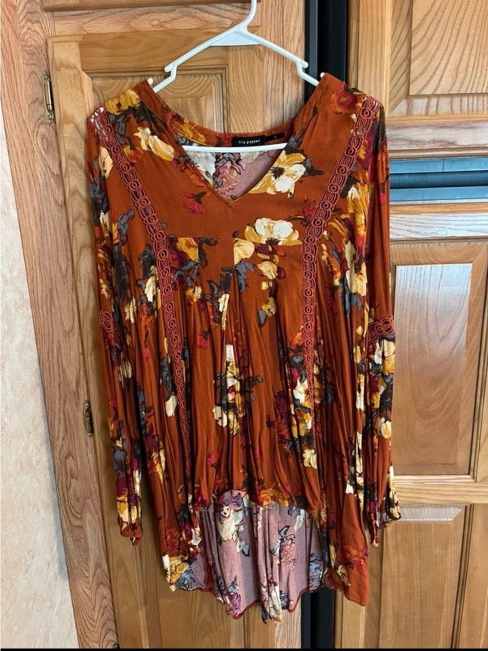 Blu Pepper Rust Floral V-Neck Tunic with Lace Trim